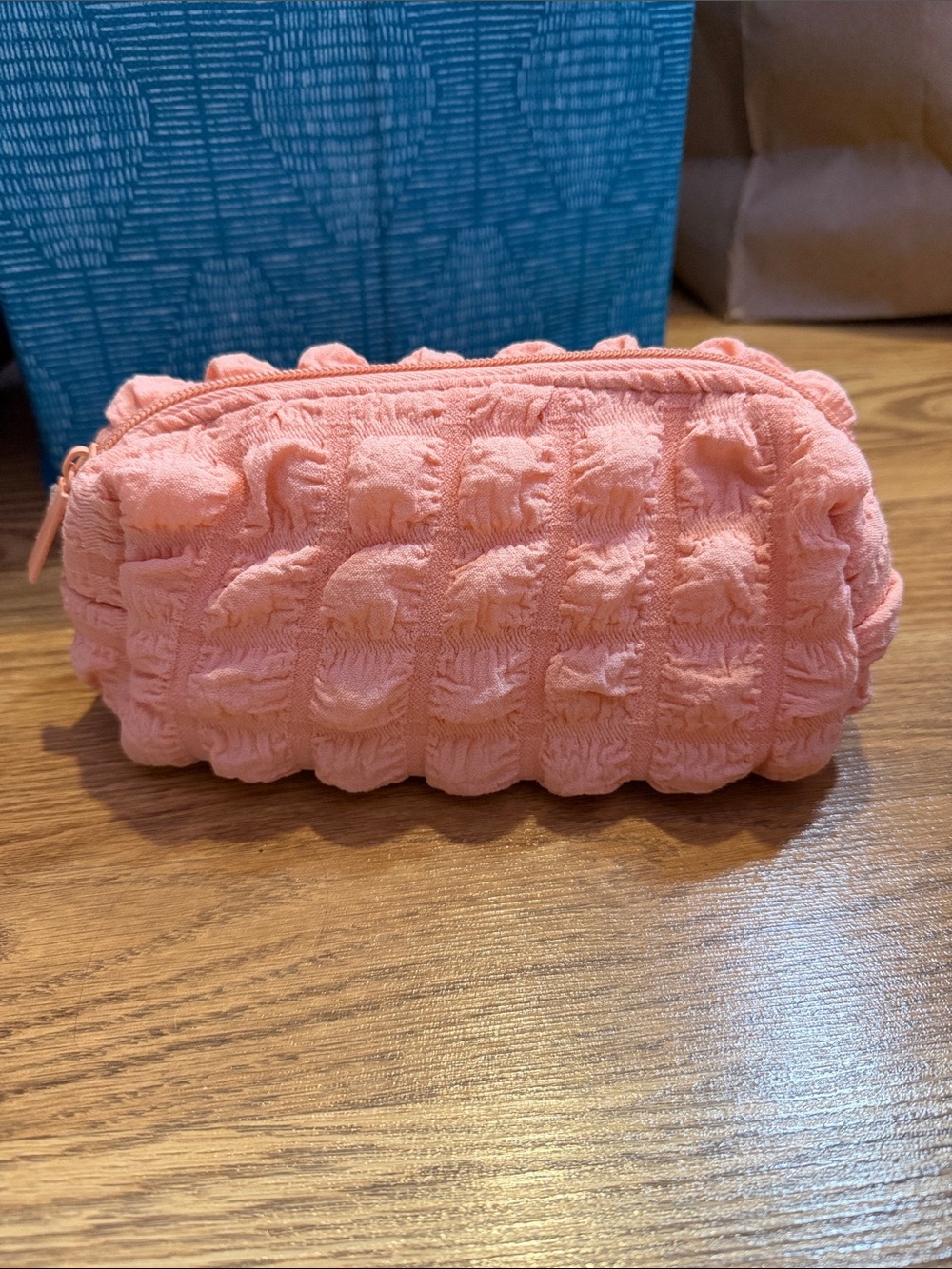 Ruffled Coral Pink Quilted Zip Cosmetic Pouch